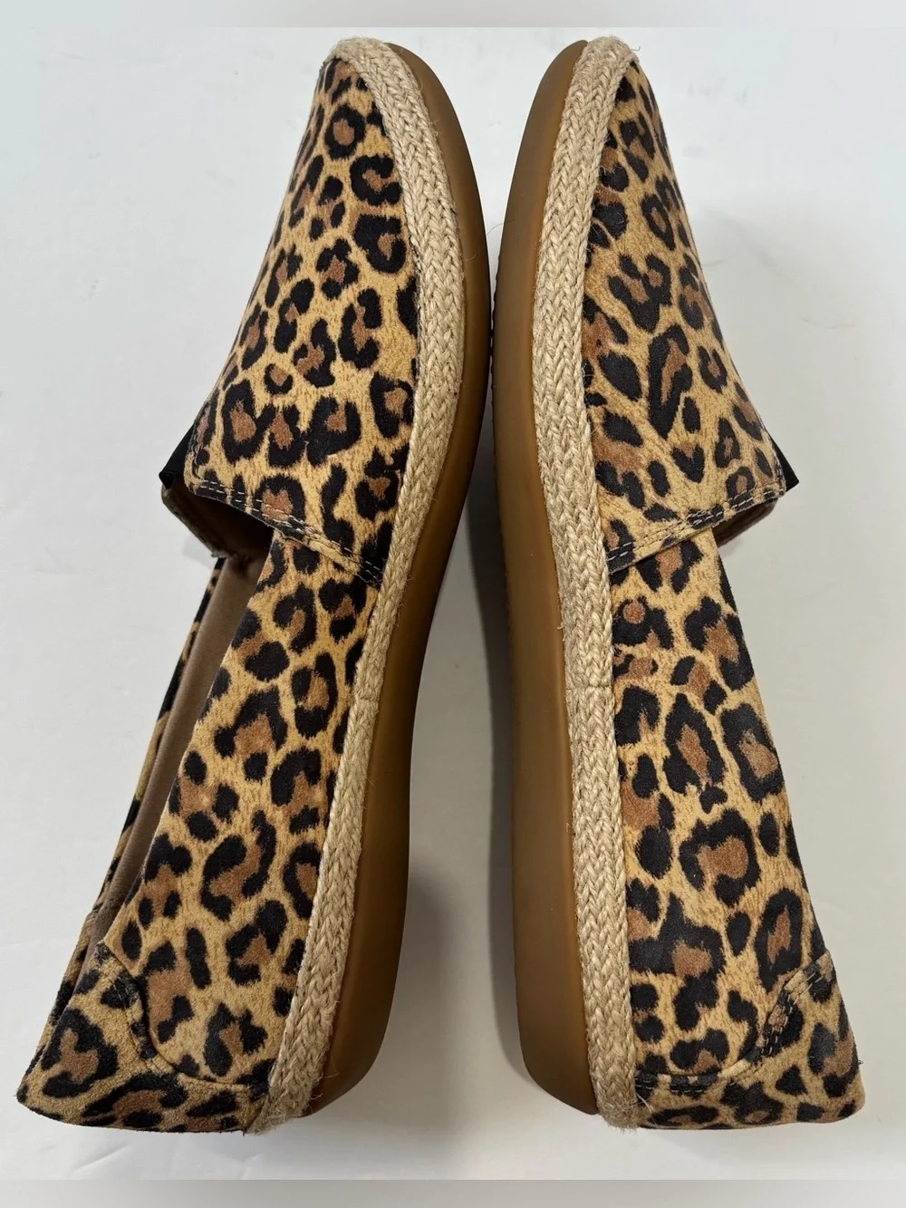 CLARKS Tan Leopard Print Suede Danelly Sky Espadrille Perforated Slip On Flats